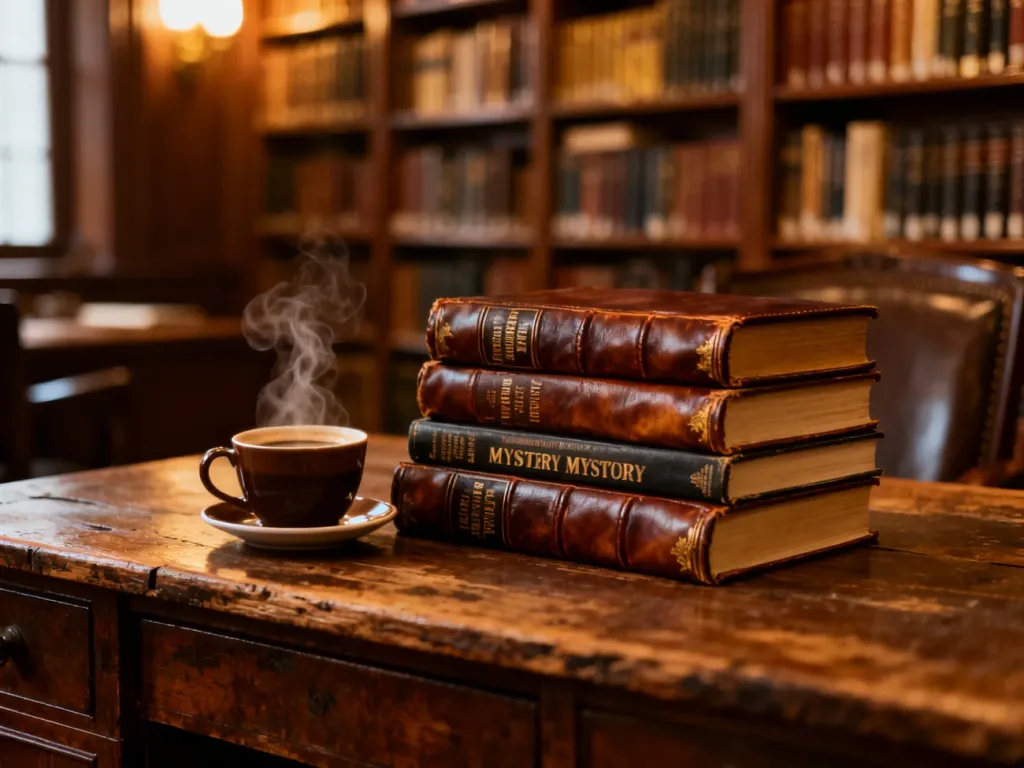 Stos książek kryminalnych na drewnianym biurku z filiżanką kawy w przytulnej bibliotece.