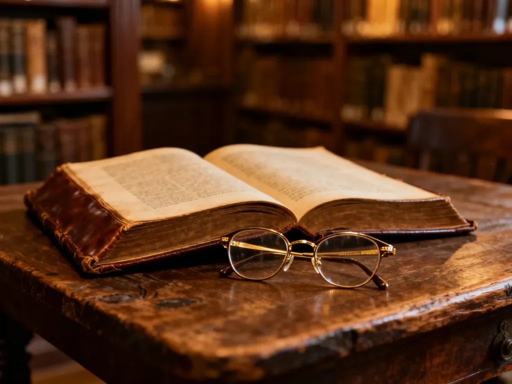 Otwarta, skórzana księga z okularami na drewnianym stole w przytulnej bibliotece, nawiązująca do klimatu sagi Diany Gabaldon.