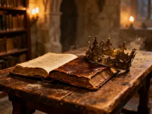 Otwarta, magiczna księga fantasy na drewnianym stole, a w tle zarys Wielkiego A’Tuina niosącego świat na grzbiecie.