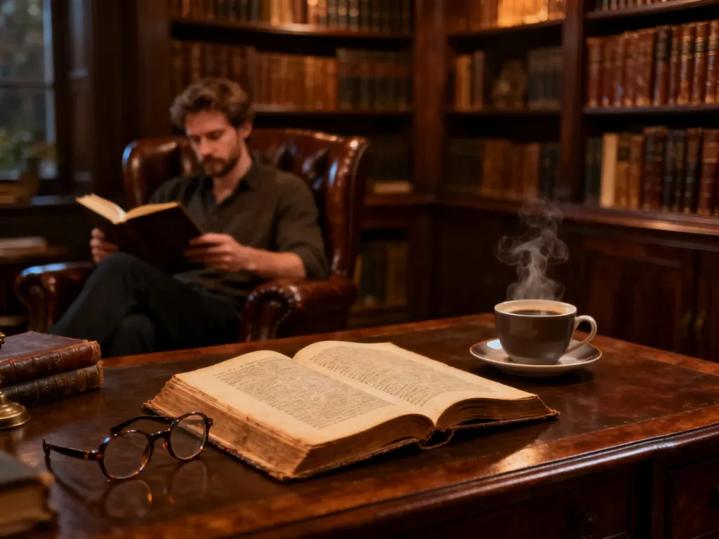 Mężczyzna czytający książkę w przytulnym, domowym gabinecie wypełnionym regałami z literaturą.