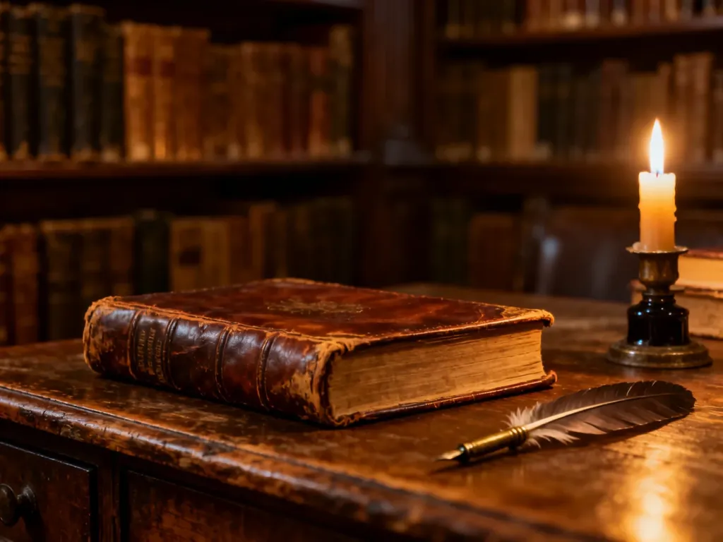 Stara księga w skórzanej oprawie, pióro i świeca na drewnianym biurku, tworzące klimat historycznej literatury.
