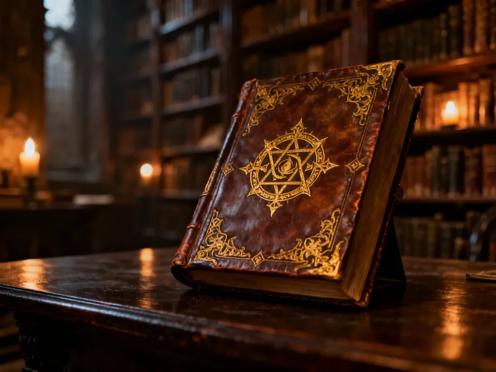 Starodawna księga fantasy ze złotymi zdobieniami leżąca na drewnianym stole w klimatycznej, mrocznej bibliotece.