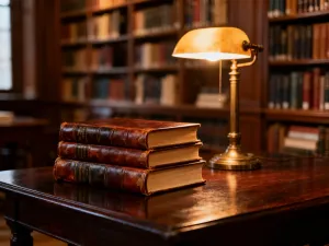 Stos książek kryminalnych na drewnianym biurku z filiżanką kawy w przytulnej bibliotece.