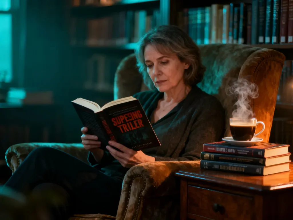 Kobieta czytająca thriller w przytulnej domowej biblioteczce z kawą na stoliku. Idealna atmosfera do lektury książek.