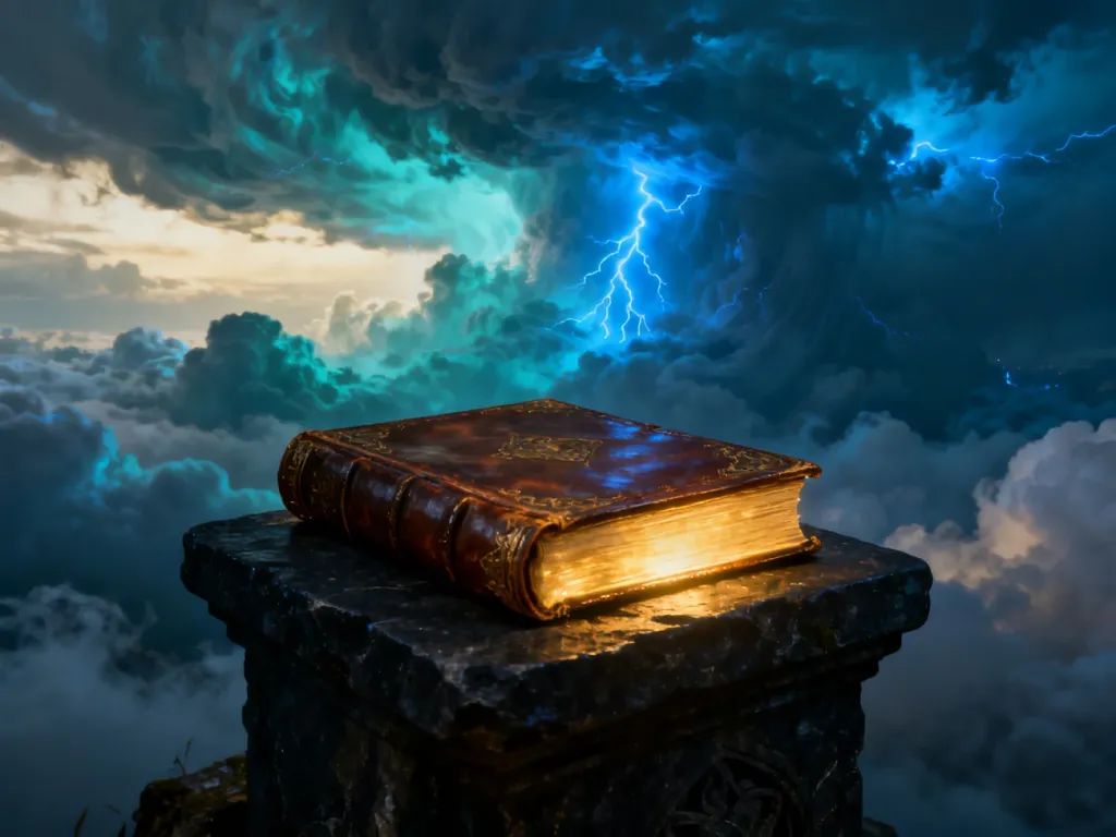 Starożytna, świecąca księga na kamiennym postumencie na tle mistycznej burzy, nawiązująca do klimatu serii fantasy.