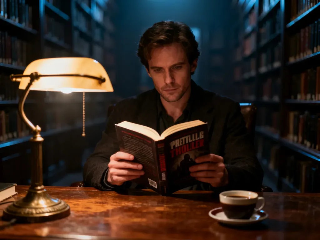 Mężczyzna czytający thriller w nastrojowej bibliotece, podkreślający klimat twórczości Wojciecha Chmielarza.