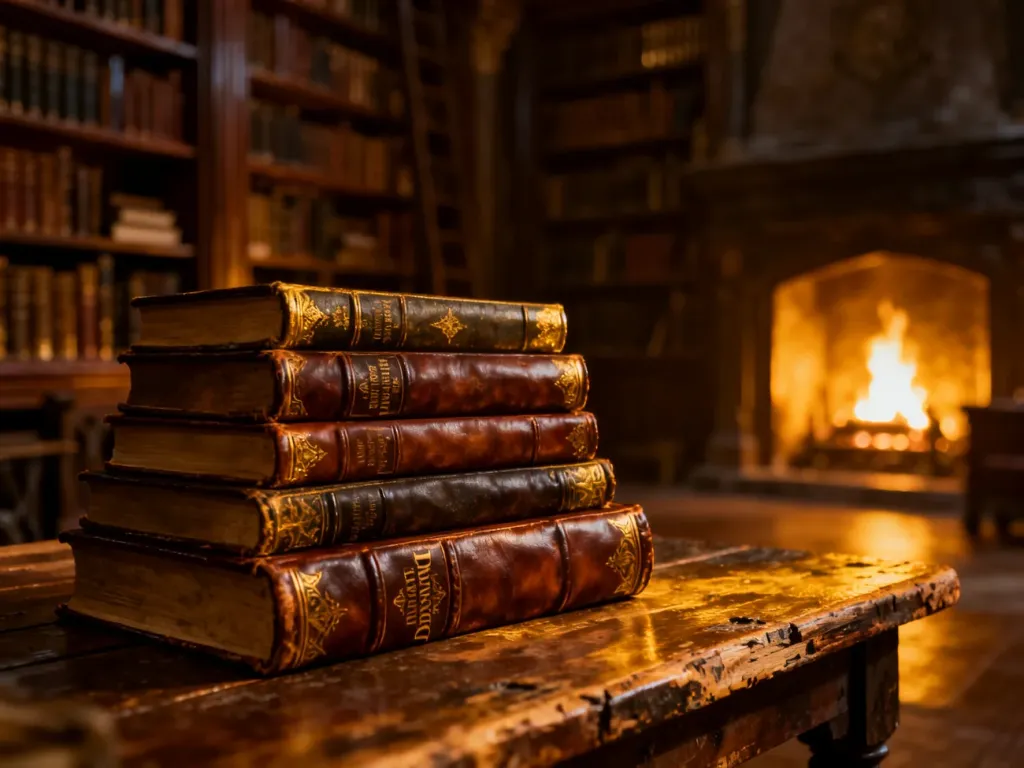 Stos książek w skórzanych oprawach na drewnianym stole w przytulnej bibliotece z kominkiem.