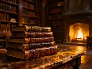 Mężczyzna czytający książkę w przytulnym, domowym gabinecie wypełnionym regałami z literaturą.