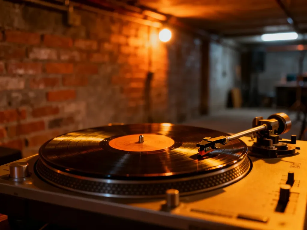 Gramofon z płytą winylową w klimatycznym studiu nagraniowym, nawiązujący do korzeni hip-hopu i kultury DJ-skiej.
