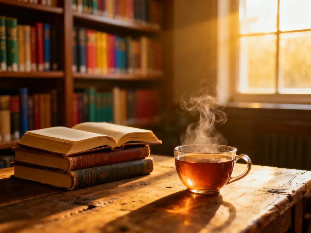 Przytulny kącik z książkami, parującą herbatą i ciepłym światłem, budujący nastrojową atmosferę literatury młodzieżowej.