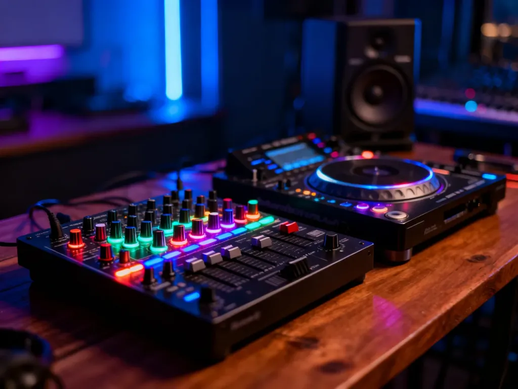 Profesjonalny mikser DJ-ski w przyciemnionym studiu z neonowym oświetleniem, oddający klimat muzyki elektronicznej.