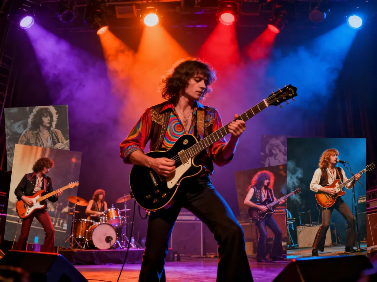 Collage przedstawiający psychodeliczny, hard rockowy i progresywny koncert
