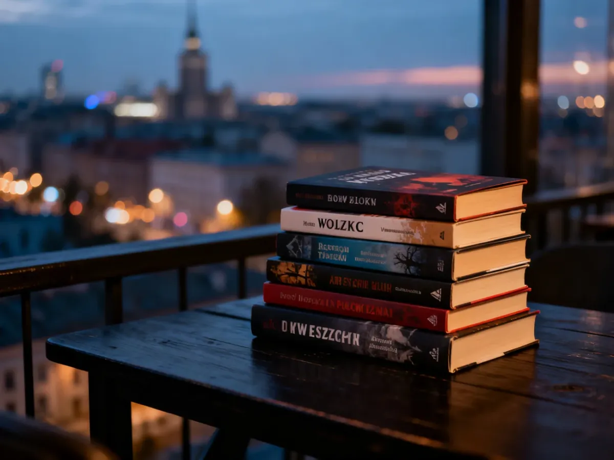 Stos powieści na tle nastrojowej panoramy Warszawy