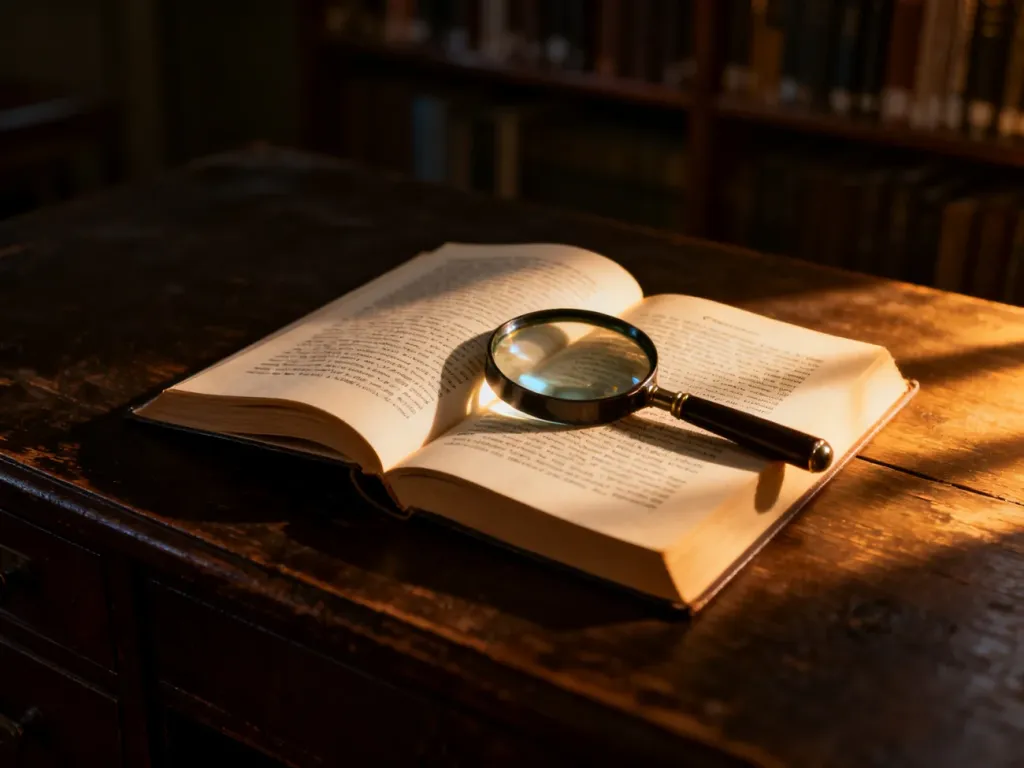 Otwarta powieść kryminalna z lupą na drewnianym biurku w klimatycznej bibliotece, nawiązująca do twórczości Katarzyny Bondy.