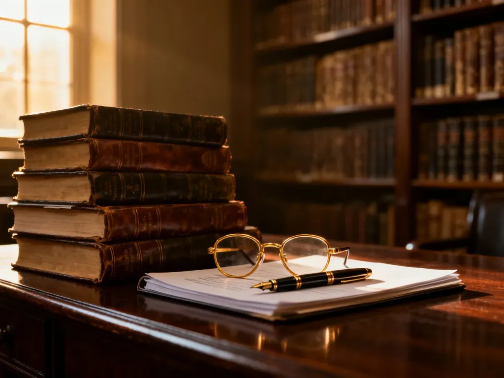 Stos grubych ksiąg prawniczych i akta na biurku w klimatycznej bibliotece, przywołujące atmosferę pracy Joanny Chyłki.