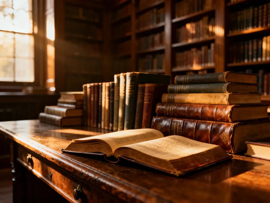 Stos starych i nowych książek na drewnianym stole w bibliotece, skąpany w ciepłym świetle popołudniowego słońca.