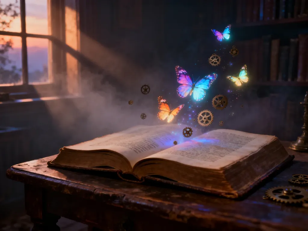 Otwarte, zabytkowe księgi, z których wyłaniają się świecące motyle i tryby, ilustrujące magię i surrealizm literatury.