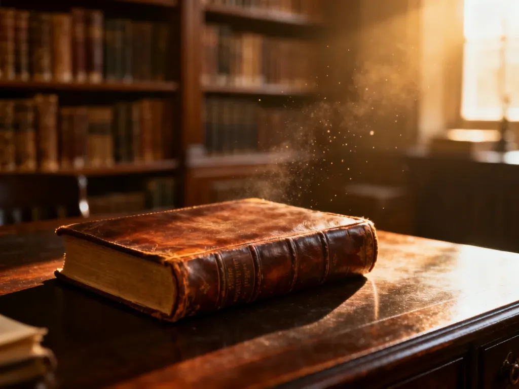 Skórzana, zabytkowa książka na drewnianym biurku w przytulnej bibliotece, podkreślająca historyczny klimat twórczości autora.