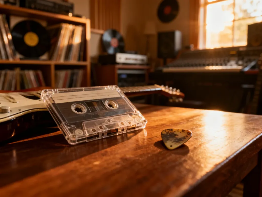 Kaseta magnetofonowa i kostka gitarowa na drewnianym stole w domowym studiu nagraniowym, oddające klimat muzyki niezależnej.
