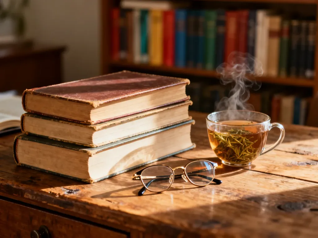 Stos książek na drewnianym biurku z filiżanką herbaty i okularami, tworzący przytulny klimat do czytania literatury.