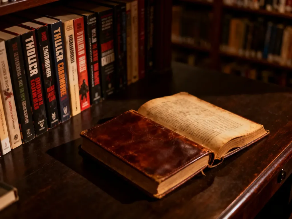 Kolekcja kryminałów i thrillerów na drewnianym biurku w klimatycznym, bibliotecznym wnętrzu.
