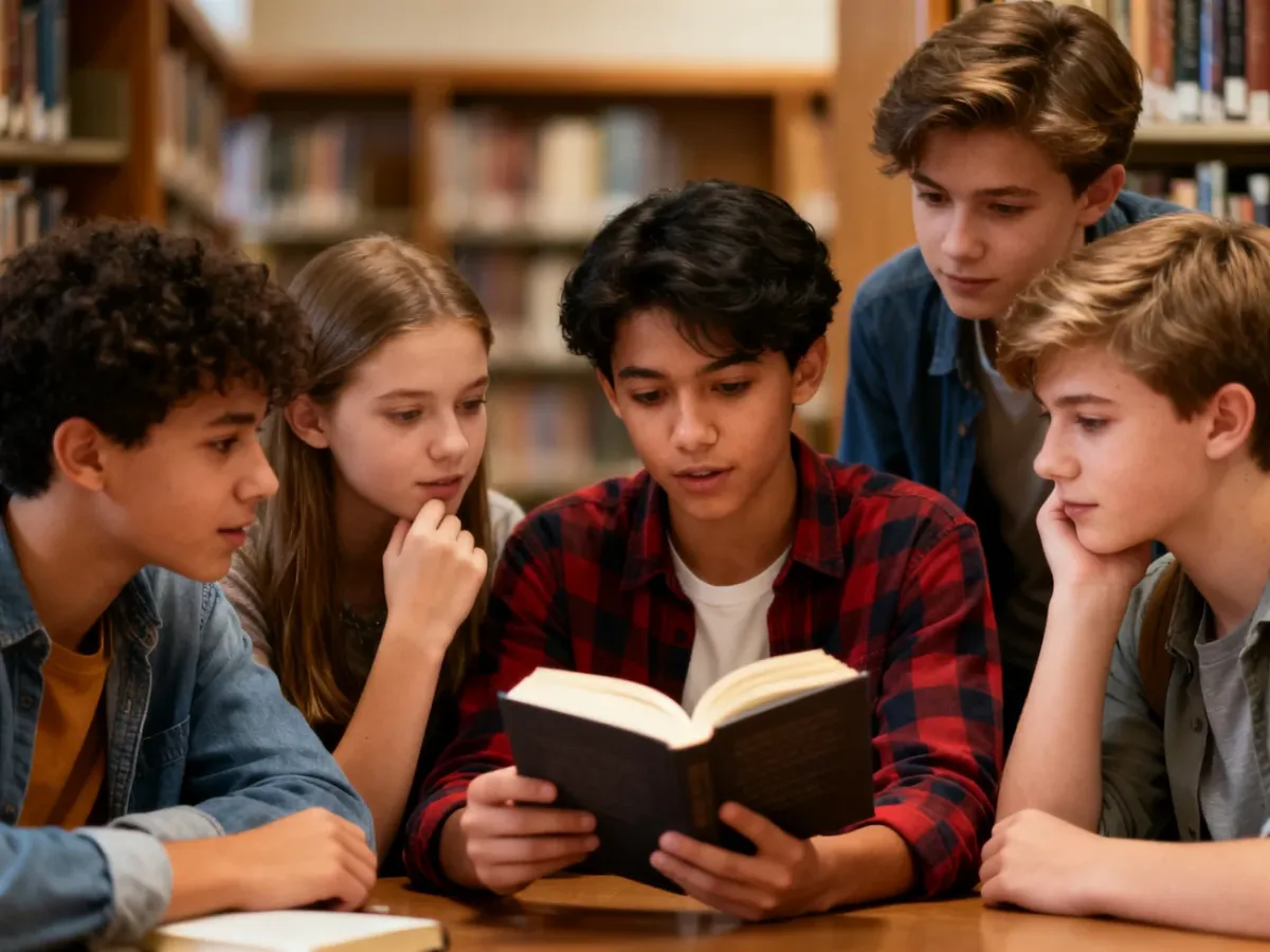 Nastolatki rozmawiające o książce w przytulnej bibliotece