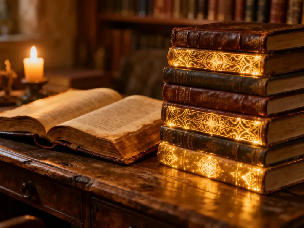 Otwarta stara księga i stos powieści fantasy na drewnianym biurku w przytulnej bibliotece, tworzące magiczny klimat.