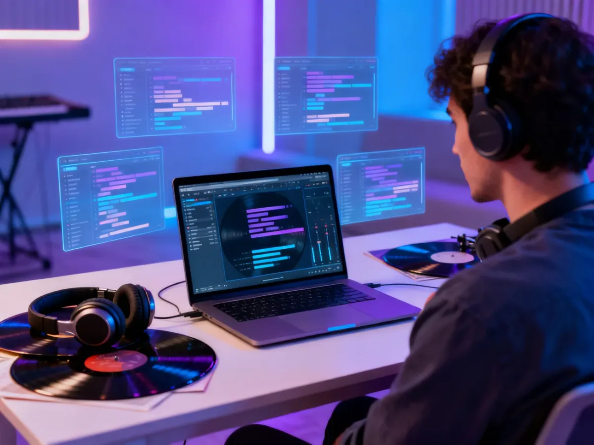 Słuchacz analizujący gatunek muzyczny przy laptopie i słuchawkach