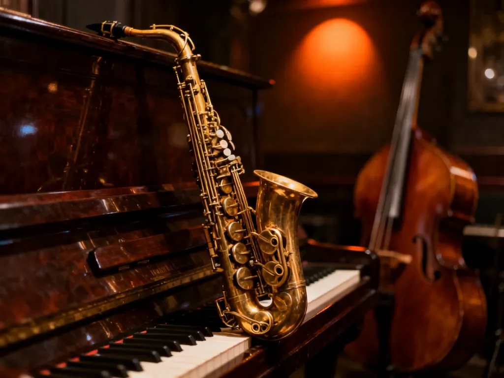 Złoty saksofon na tle pianina w nastrojowym klubie jazzowym, oddający klimat i historię muzyki jazzowej.