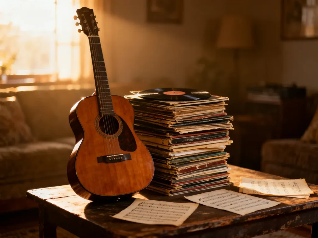 Drewniana gitara akustyczna oparta o płyty winylowe i nuty w ciepłym świetle zachodzącego słońca.