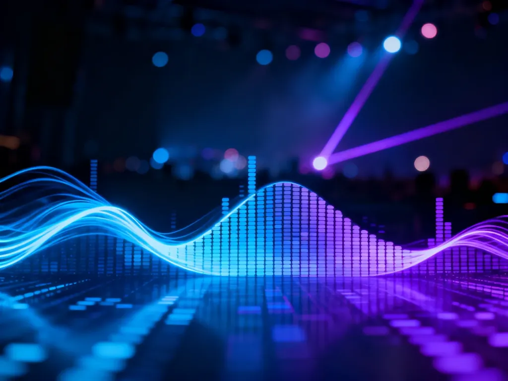 Abstrakcyjna wizualizacja energii muzyki trance z neonowymi falami dźwiękowymi i klimatycznym oświetleniem koncertowym.