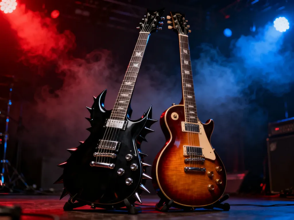 Dwie gitary elektryczne – nowoczesna w stylu metalowym i klasyczna rockowa – na tle nastrojowej sceny koncertowej.