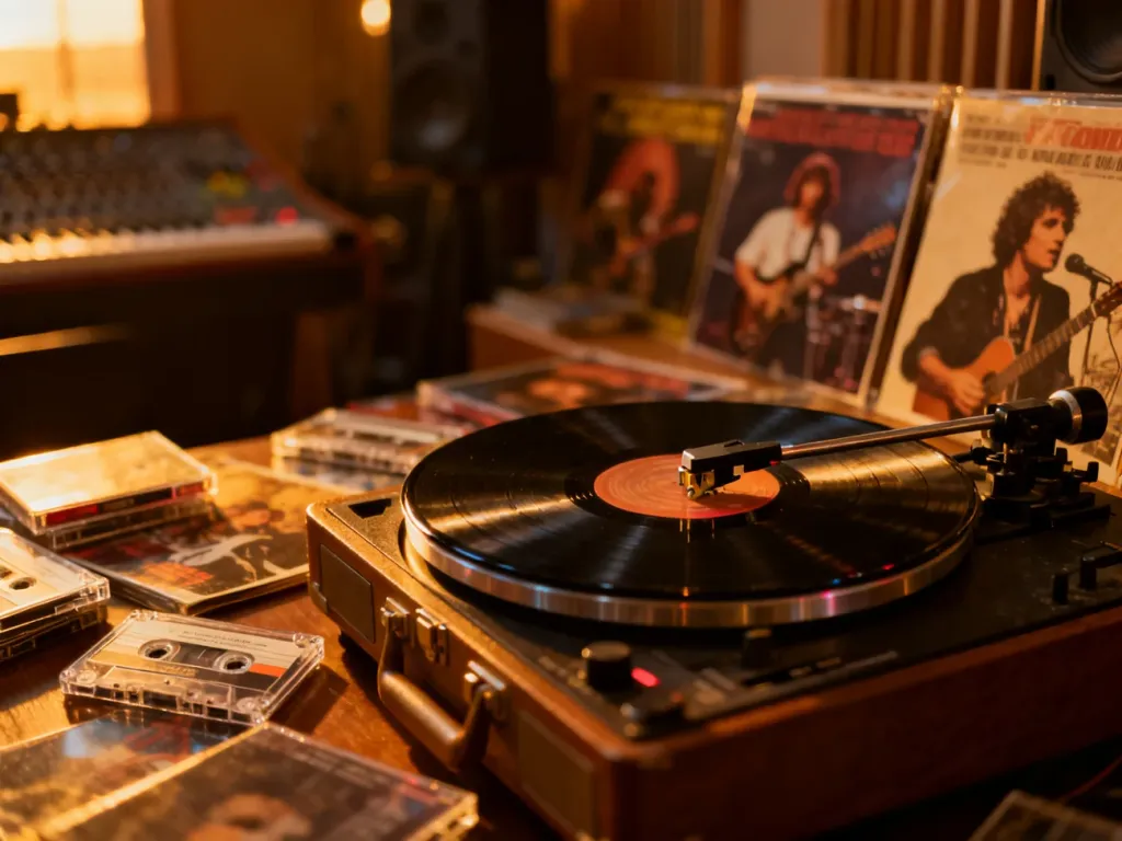 Gramofon z płytą winylową, kasetami i plakatami koncertowymi, przywołujący nostalgiczną atmosferę historii polskiej muzyki.