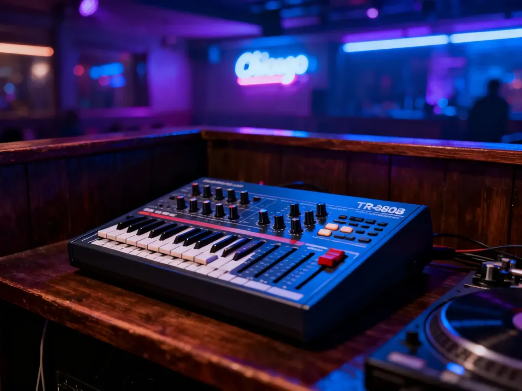 Klasyczny automat perkusyjny Roland TR-808 na DJ-ce w klimatycznym klubie nocnym w Chicago.