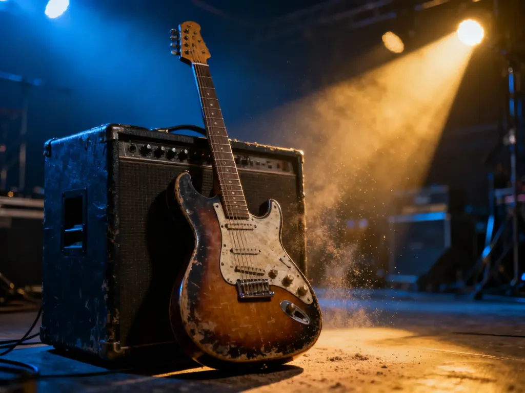 Zniszczona gitara elektryczna oparta o wzmacniacz w klimatycznym, koncertowym oświetleniu za kulisami.