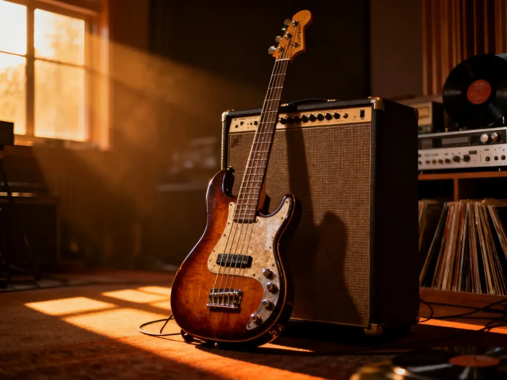 Zabytkowa gitara basowa oparta o wzmacniacz w klimatycznym studiu nagraniowym, podkreślająca muzyczny charakter stylu funk.