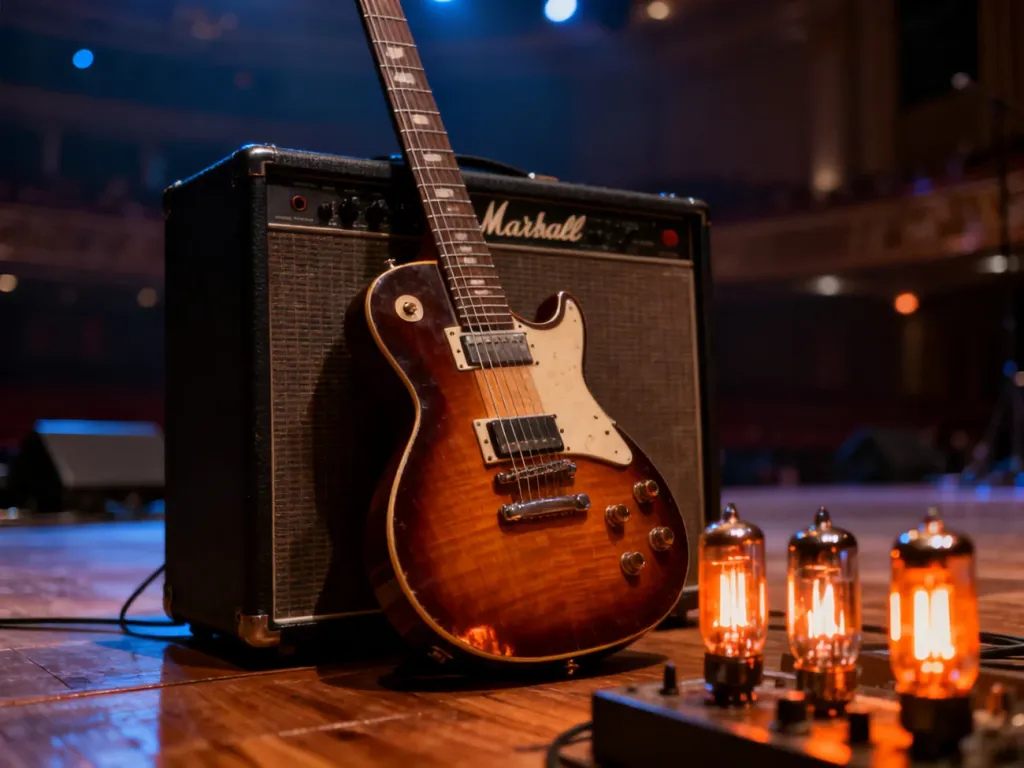Vintage gitara elektryczna oparta o wzmacniacz Marshall z żarzącymi się lampami, oddająca klimat koncertu rockowego.
