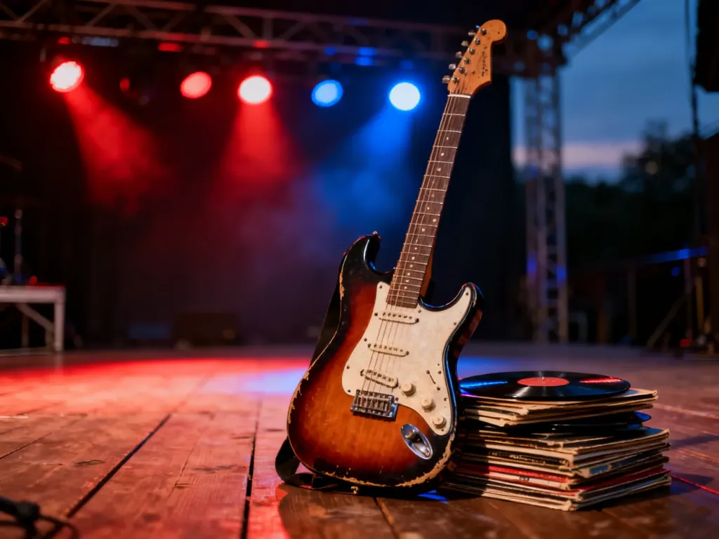 Elektryczna gitara oparta o stos płyt winylowych na scenie, przywołująca klimat polskiego rocka lat 80.
