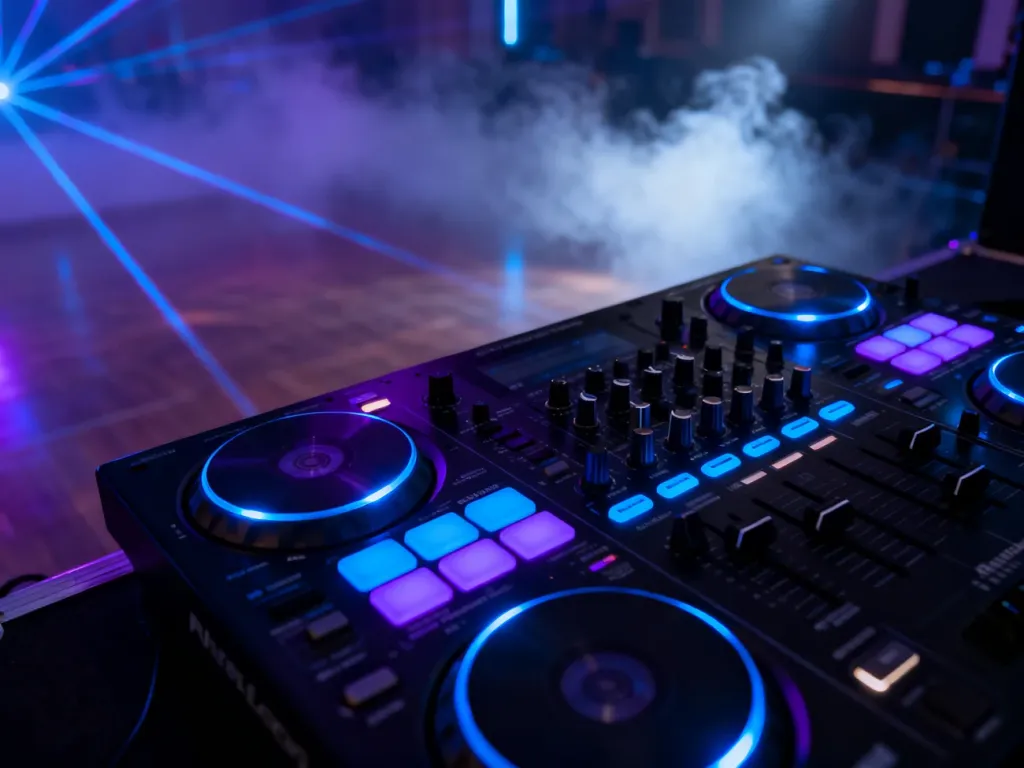 Profesjonalna konsola DJ-ska w klubowym oświetleniu, podkreślająca elektroniczny klimat muzyki dubstep.