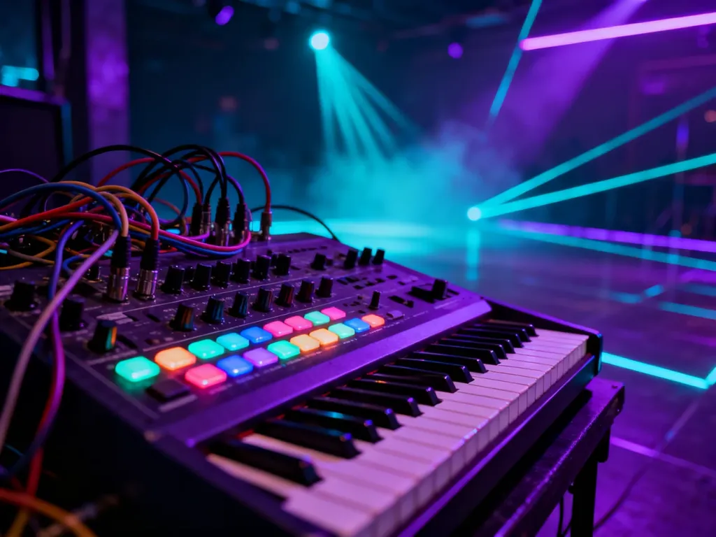 Analogowy syntezator w neonowym świetle klubu z lat 90. z rozmytym parkietem i laserami w tle.