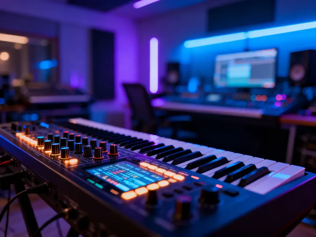 Profesjonalne stanowisko do produkcji muzyki elektronicznej z syntezatorem i mikserem w nowoczesnym, neonowym oświetleniu.