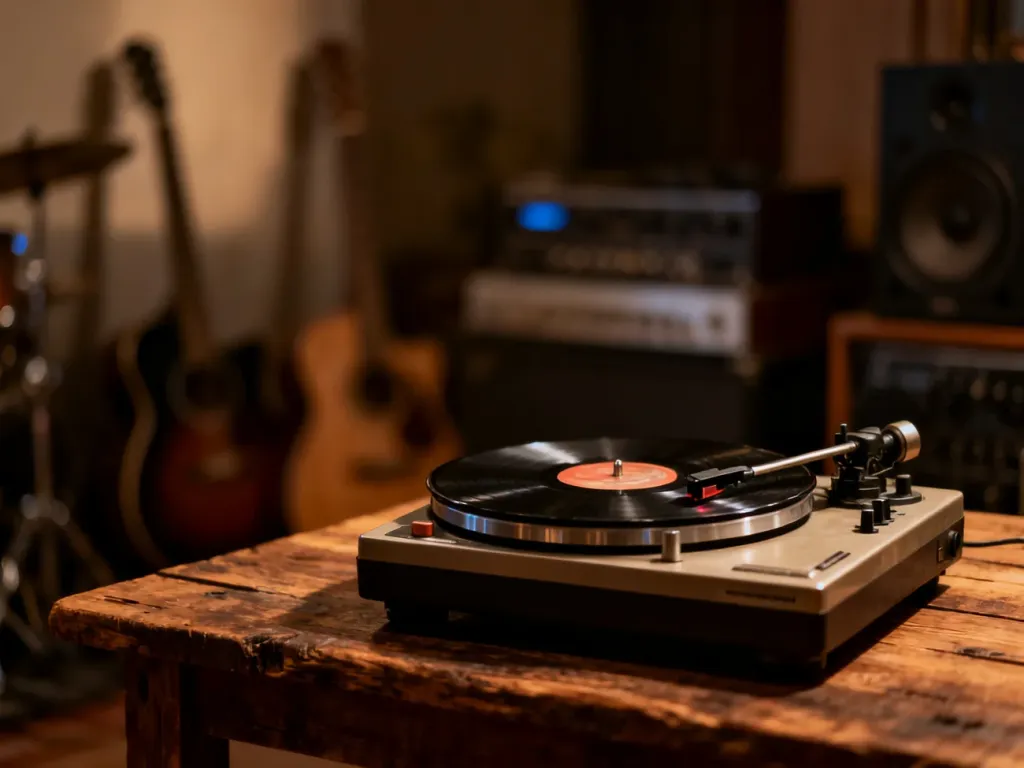 Gramofon na drewnianym stole w klimatycznym studiu nagraniowym, oddający artystyczny charakter polskiej muzyki alternatywnej.