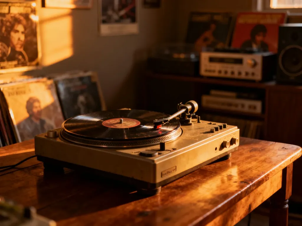 Zabytkowy gramofon na drewnianym stole w klimatycznym pokoju, przywołujący nostalgię za muzyką ery PRL.