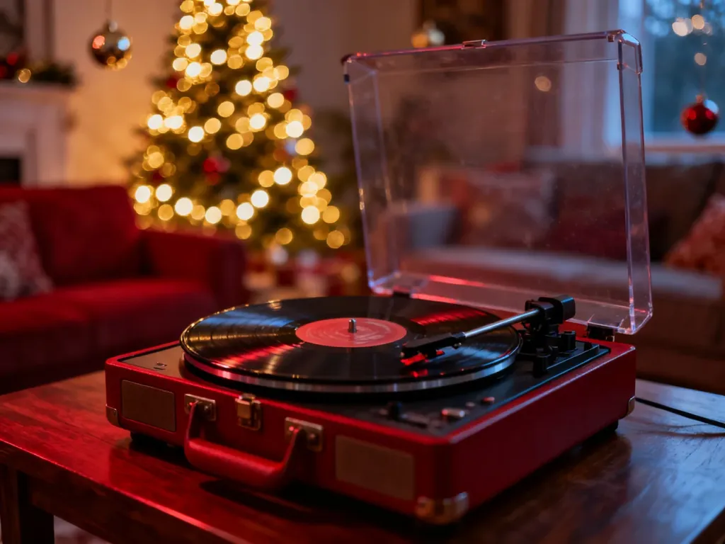 Gramofon z płytą winylową na tle przytulnego salonu z rozświetloną choinką, tworzący świąteczny, nostalgiczny nastrój.