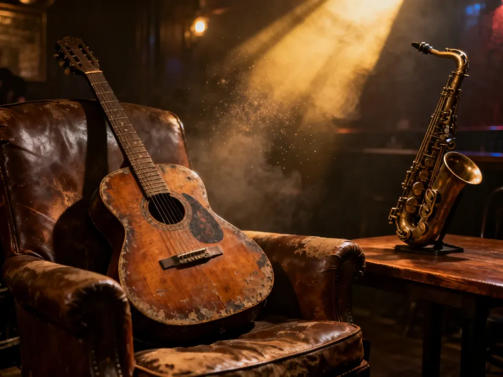 Stara gitara akustyczna i saksofon w nastrojowym, zadymionym klubie jazzowym, oddające klimat muzyki bluesowej.