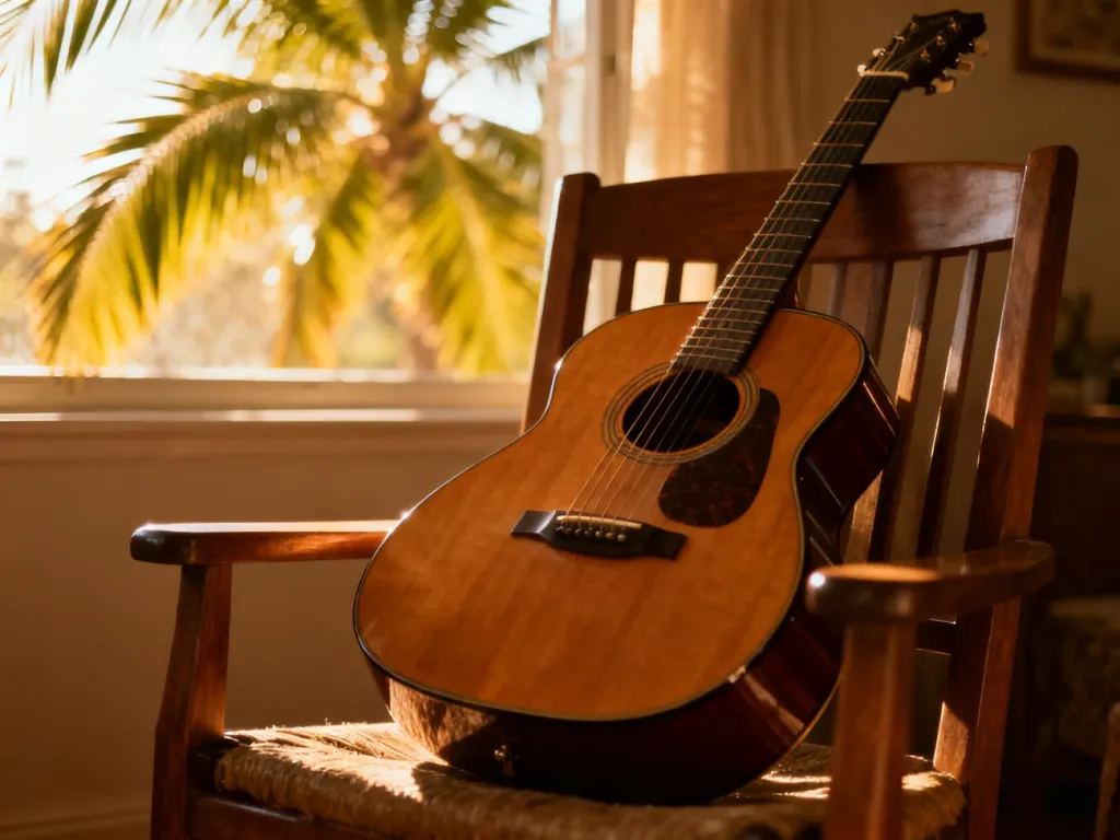 Klasyczna gitara akustyczna w przytulnym wnętrzu z widokiem na palmy, nawiązująca do brazylijskich korzeni bossa novy.
