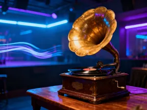 Gramofon na drewnianym stole w klimatycznym studiu nagraniowym, oddający artystyczny charakter polskiej muzyki alternatywnej.