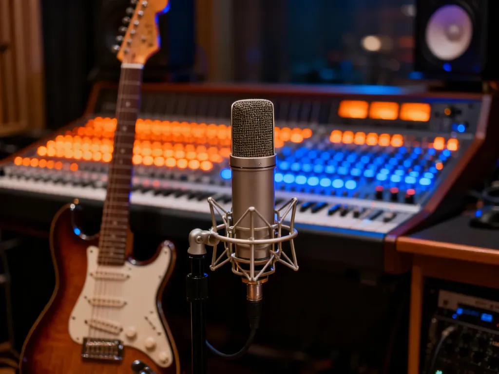 Profesjonalne studio nagraniowe z gitarą elektryczną i mikrofonem, podkreślające proces powstawania muzycznych hitów.