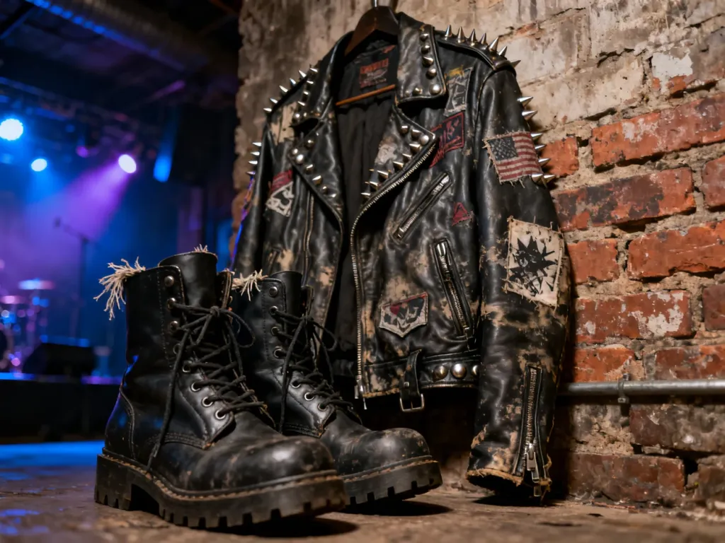 Skórzana kurtka z ćwiekami i ciężkie buty na tle koncertowej sceny, oddające buntowniczy klimat subkultury punk.