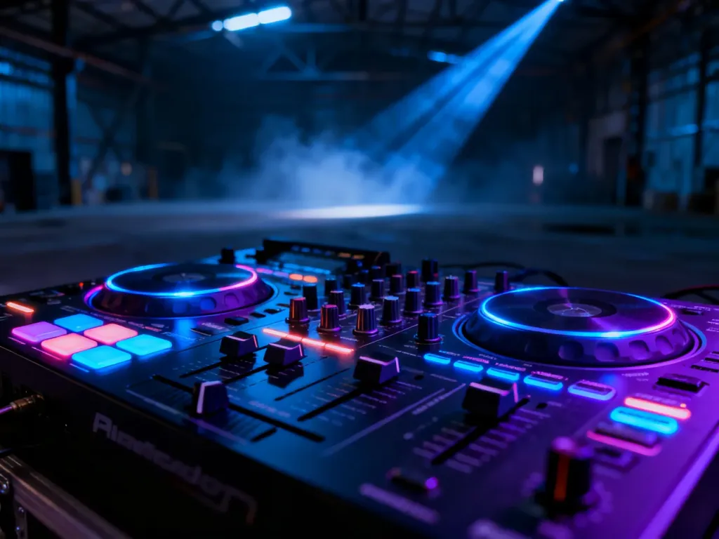 Profesjonalna konsola DJ-ska w neonowym oświetleniu na tle mrocznego, industrialnego klubu z laserami.